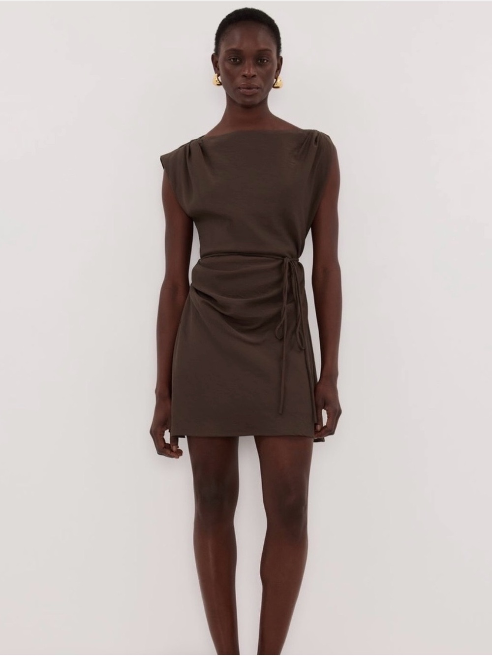 DISSH Brown Sleeveless Draped Tie-Waist Mini Dress asymmetrical shoulder